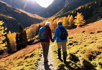 Obraz premium Senior Hikers on Autumn Mountain Trail
