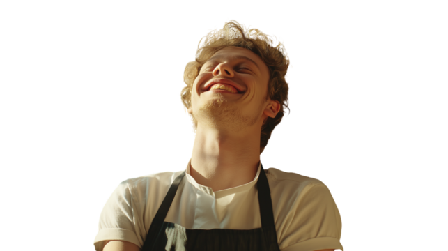 Young chef in light summer kitchen, wearing apron and smiling, bright colors, natural light, cinematic style, from waist up, no hands, PNG forma