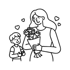 mom with bouquet of roses icon, mom with bouquet of roses line art - simple line art of mom with bouquet of roses, perfect for mom with bouquet of roses logos and icons