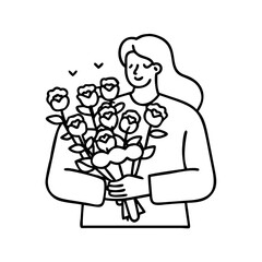 mom with bouquet of roses icon, mom with bouquet of roses line art - simple line art of mom with bouquet of roses, perfect for mom with bouquet of roses logos and icons