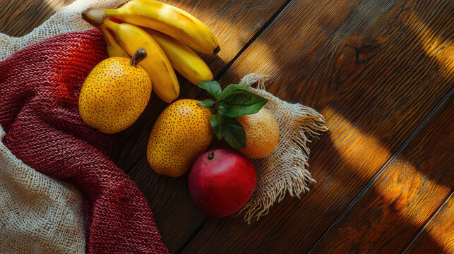 Sunlit ripe mangoes, bananas, and a jocote fruit rest on a rustic wooden table draped with a textured burlap and knit fabric.