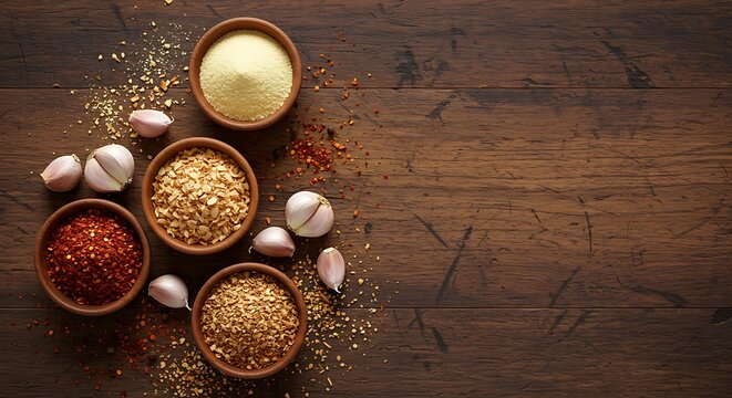 Mixture of vibrant spices in rustic wooden tray