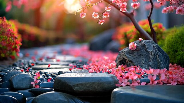 Tranquil Japanese Zen Garden Path With Blossoming Cherry Trees And Modern Sunlight