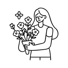 mother holding flowers icon, mother holding flowers line art - simple line art of mother holding flowers, perfect for mother holding flowers logos and icons