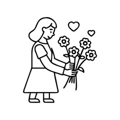 mother holding flowers icon, mother holding flowers line art - simple line art of mother holding flowers, perfect for mother holding flowers logos and icons