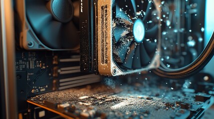Close up of dusty computer components with fans and circuit board inside the computer case view