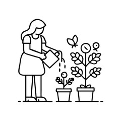 mother watering plants icon, mother watering plants line art - simple line art of mother watering plants, perfect for mother watering plants logos and icons