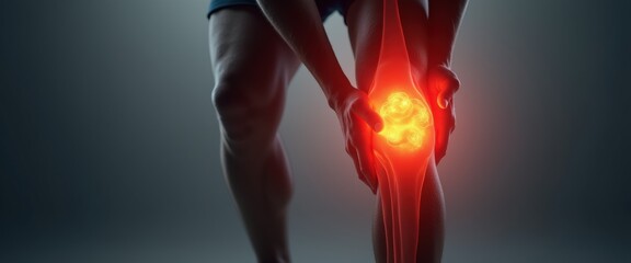 A close-up of a male athlete experiencing knee pain, highlighted by a glowing red effect, conveying the urgency of sports injuries and physical discomfort.