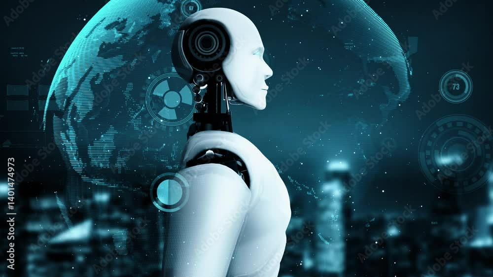Poster futuristic robot artificial intelligence huminoid ai for industrial factory technology development a