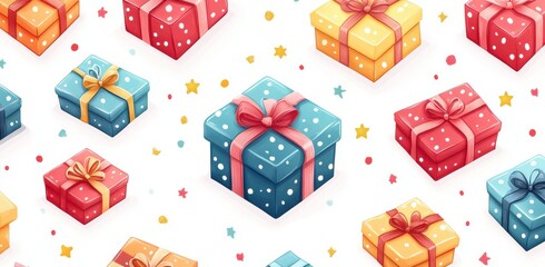 Colorful seamless pattern of gift boxes with bows for festive occasions