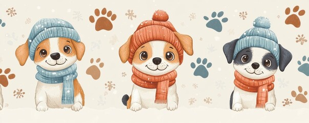 Seamless pattern of cute dogs wearing winter hats and scarves