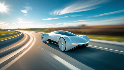 A futuristic white concept car speeding along a highway on a bright, sunny day.