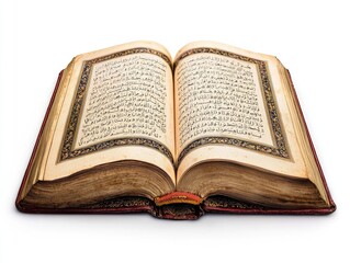 Obraz premium Open antique book, likely Quran. Aged pages with ornate script
