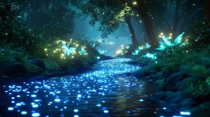 Enchanted Forest River Scene Magical Night Blue Glow Fantasy Nature Landscape Digital Art Background Illustration Glowing Plants Firefly Light Stream 