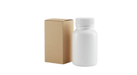 A simple white pill bottle nestled beside its kraft cardboard box, ready for its journey, a clean and minimalist design against a bright white background.