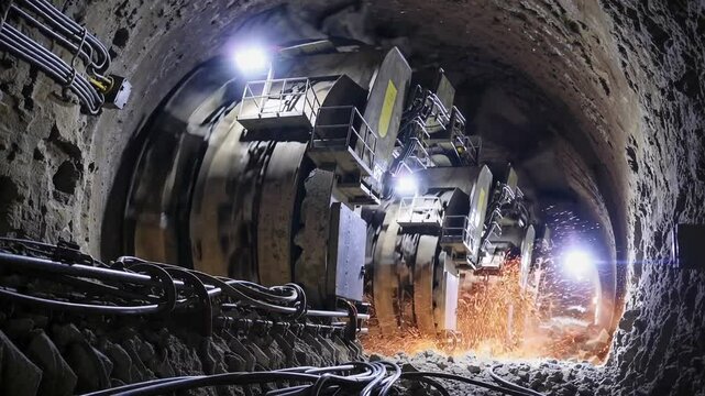 Massive tunnel boring machine operates underground at construction site