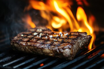 A perfectly grilled steak on a stainless steel grill, flames dancing around it, showcasing the art of cooking meat to perfection.