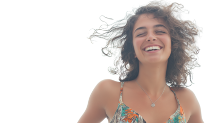Smiling woman with curly hair and beach outfit, posing with ocean breeze effect, cinematic sharpness, no hands, from waist up, white background PNG