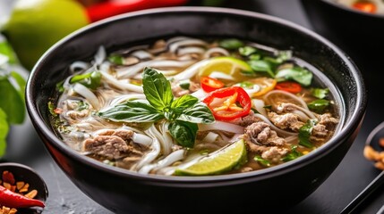Close-up of pho bo soup with fresh ingredients like lime, chili, and basil, offering a sensory experience of Vietnamese flavors and textures