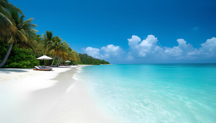 Beautiful tropical island with palm trees and beach panorama as background image. Asian summer season landscape. Maldives island Ocean tropical beach. palm trees and white clouds and pink sand 