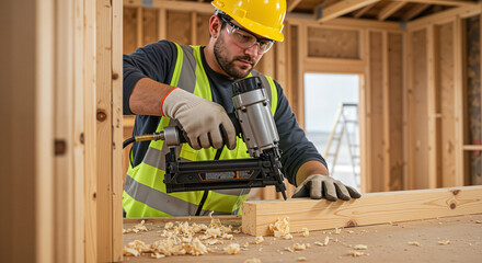 Construction worker using pneumatic nail gun on wooden beam in unfinished building, focused on task with safety gear
