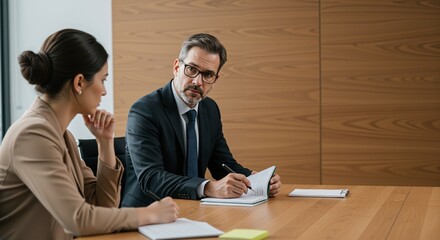 Business professionals engaged in deep discussion at a modern office table, showcasing teamwork and collaboration while taking notes on important topics