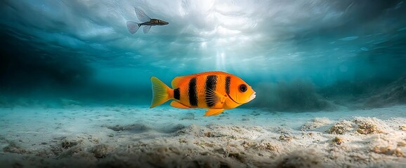 Fototapeta premium Orange and Black Striped Fish Underwater Scene