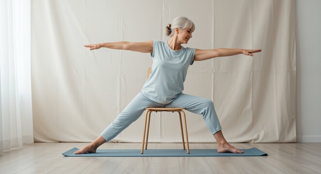 Senior woman practicing yoga in light blue outfit, demonstrating a warrior pose seated on a chair, promoting health and relaxation in a serene indoor setting
