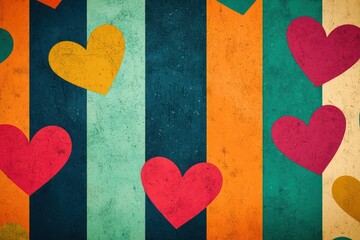 Seamless abstract love pattern featuring multicolor stripes with overlapping heart shapes in contrasting colors like teal and orange.
