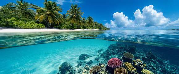 Beautiful tropical island with palm trees and beach panorama as background image. Asian summer season landscape. Maldives island Ocean tropical beach. palm trees and white clouds and pink sand 