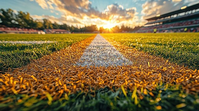 Golden Hour at the Stadium: A Close-Up View of the Football Field's Yard Lines