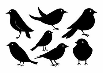 A cute cartoon vector illustration shows a black silhouette of a bird, perhaps a crow or sparrow, with a feather wing, a beak, on a nature branch, part of a loving animal couple pattern design
