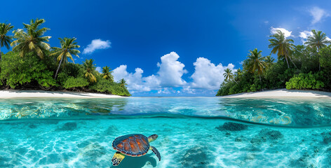 Beautiful tropical island with palm trees and beach panorama as background image. Asian summer season landscape. Maldives island Ocean tropical beach. palm trees and white clouds and pink sand 