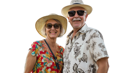 Elderly couple in summer clothes enjoying a day outside, radiating joy and love, professional lighting, from waist up, no hands visible, PNG with white background