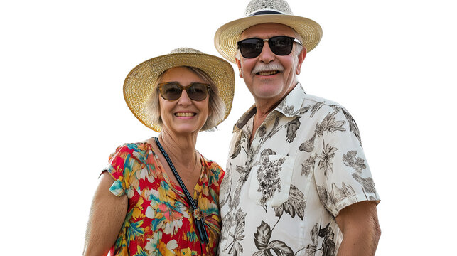 Elderly couple in summer clothes enjoying a day outside, radiating joy and love, professional lighting, from waist up, no hands visible, PNG with white background