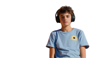 Teen boy with headphones and summer streetwear, standing against a colorful wall, natural lighting, no hands, from waist up, PNG format