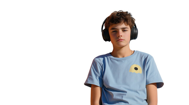 Teen boy with headphones and summer streetwear, standing against a colorful wall, natural lighting, no hands, from waist up, PNG format