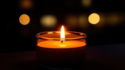 A glowing candle burning brightly in a transparent glass container