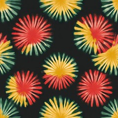 Tie Dye Textile Print. African Ethnic Batik Ornament. Tribal seamless pattern in African flag colors black, green, yellow, red. Fireworks seamless pattern