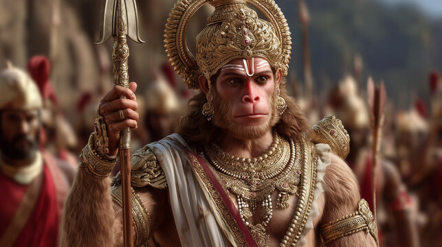 Hanuman ji standing with Vanar Sena in background, war-ready posture