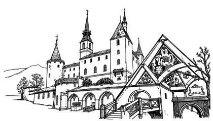 Fototapeta premium Ancient Fortress's Detailed Sketch: Captivating ink illustration of a historically rich fortress, showcasing its formidable towers, arched entrances, and intricate architectural design.