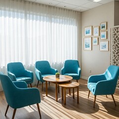Fototapeta premium A waiting area with five turquoise chairs arranged around two wooden tables. Natural light fills the room through sheer white curtains. Art on the wal