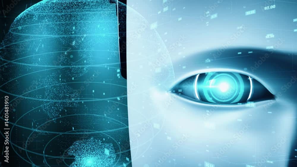 Poster futuristic robot artificial intelligence huminoid ai data analytic technology development and machin