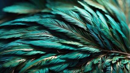 Close-up of vibrant teal and green feathers with intricate barbs and iridescent highlights, showcasing delicate textures and shimmering patterns