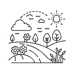 spring landscape icon, spring landscape line art - simple line art of spring landscape, perfect for spring landscape logos and icons
