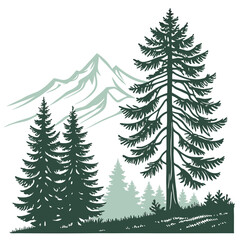 Obraz premium Silhouette Pine Tree Mountain Vector in Minimal Landscape Style
