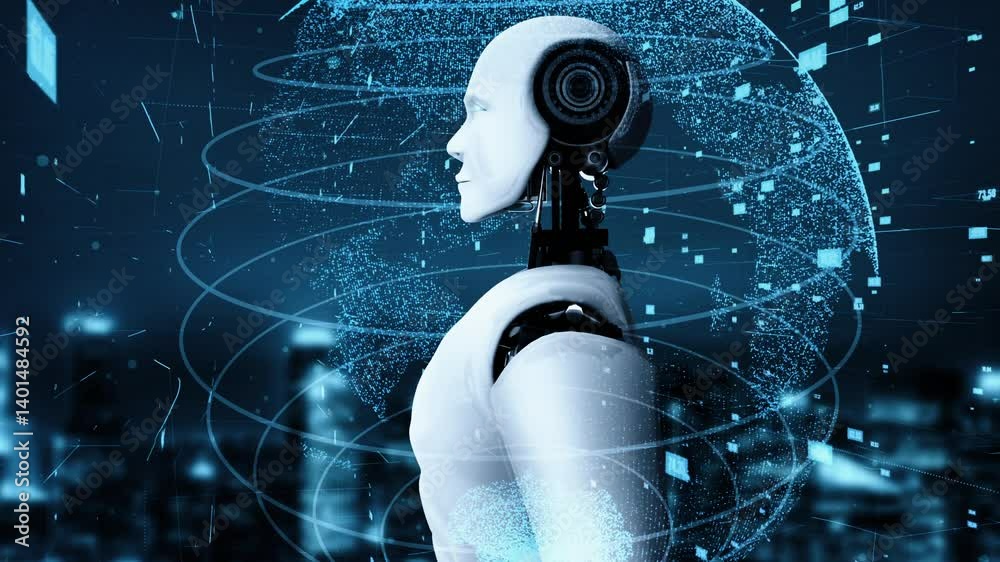 Poster futuristic robot artificial intelligence huminoid ai data analytic technology development and machin