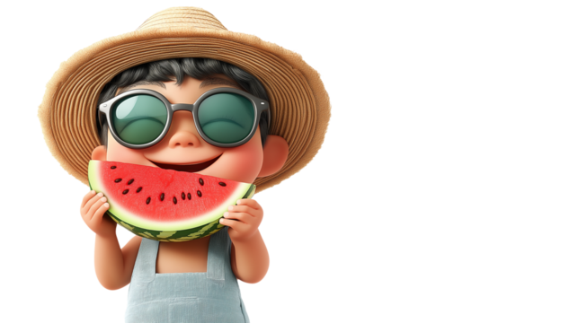 Cute child with sunhat and sunglasses eating watermelon, happy summer vibes, studio lighting, high-resolution, hyper-detailed, from waist up, no hands, white background PNG 