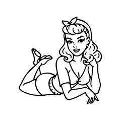 vintage pin up girl icon, vintage pin up girl line art - simple line art of vintage pin up girl, perfect for vintage pin up girl logos and icons