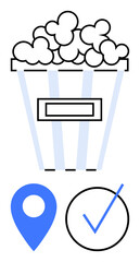 Popcorn bucket full of popcorn above a blue location pin and checkmark, representing movie theaters, entertainment locations, event planning, leisure activities, completion, approval, relaxation